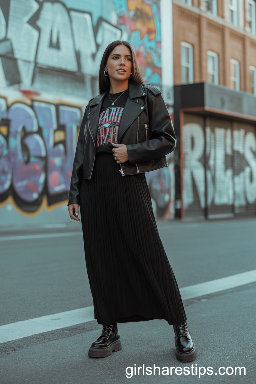 Edgy Leather Jacket and Graphic Tee with a Black Maxi Skirt
