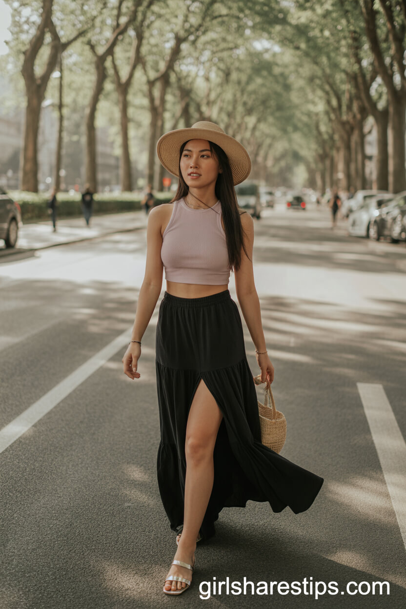 Pastel Crop Top and Sunhat Styled with a Slit Black Maxi Skirt