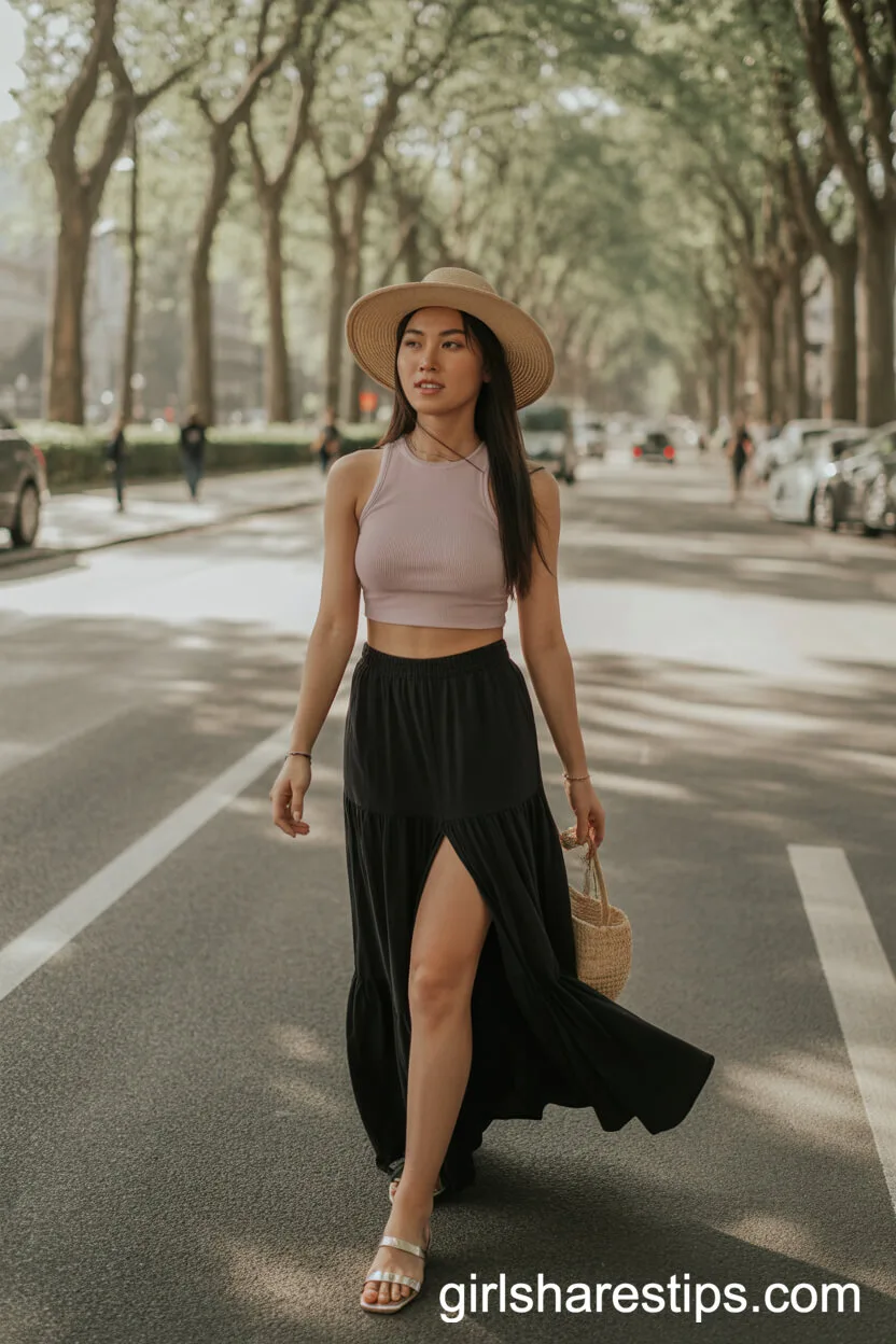 Pastel Crop Top and Sunhat Styled with a Slit Black Maxi Skirt