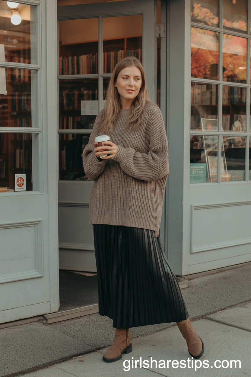 Chunky Knit Sweater Suede Boots Pleated Black Maxi Skirt