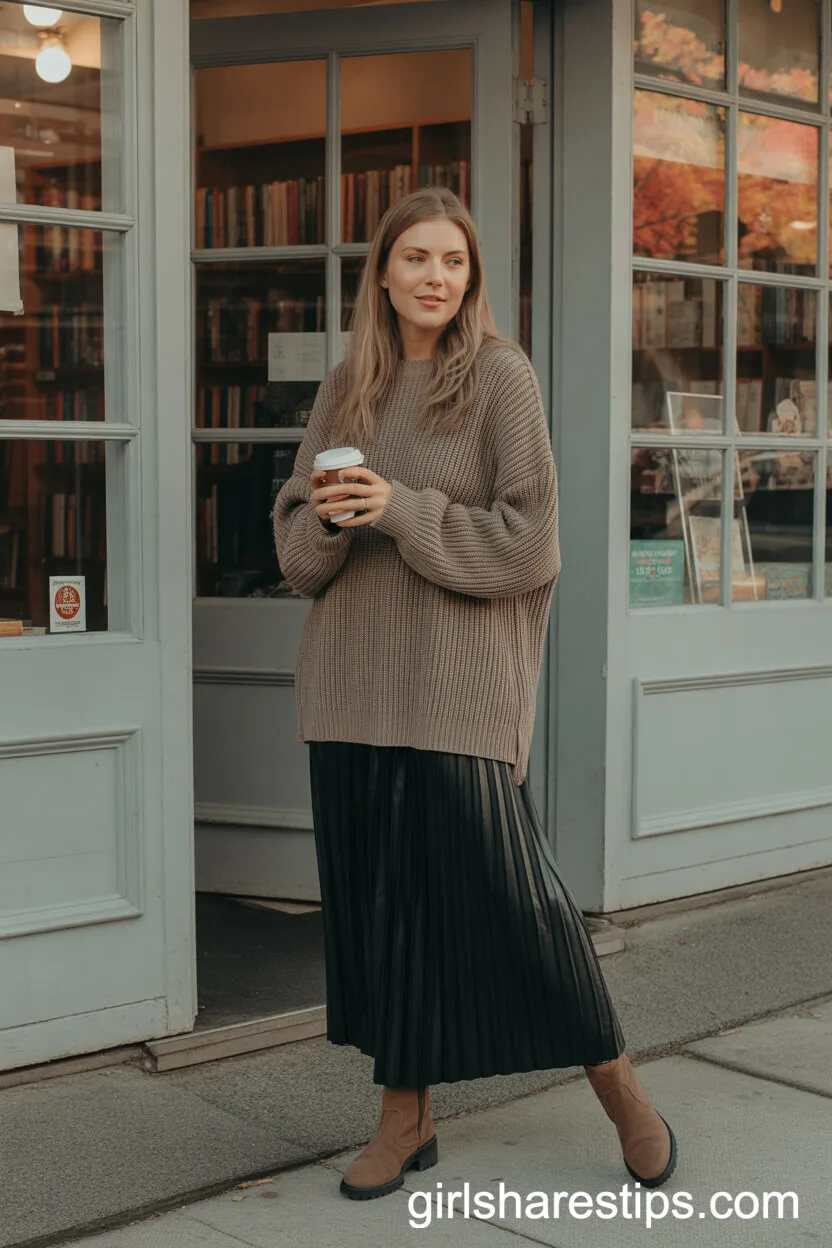Chunky Knit Sweater Suede Boots Pleated Black Maxi Skirt