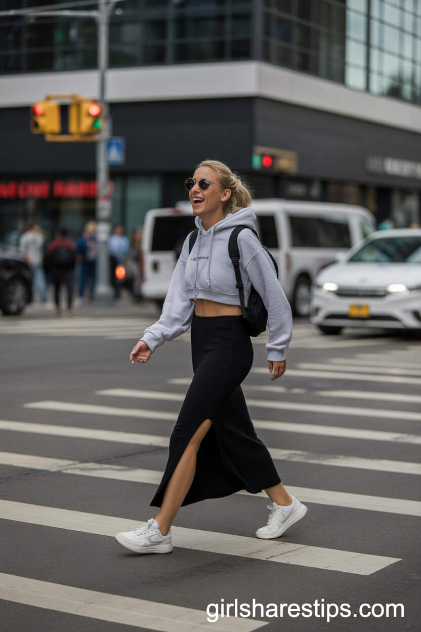 Sporty Hoodie and White Sneakers with a Black Maxi Skirt