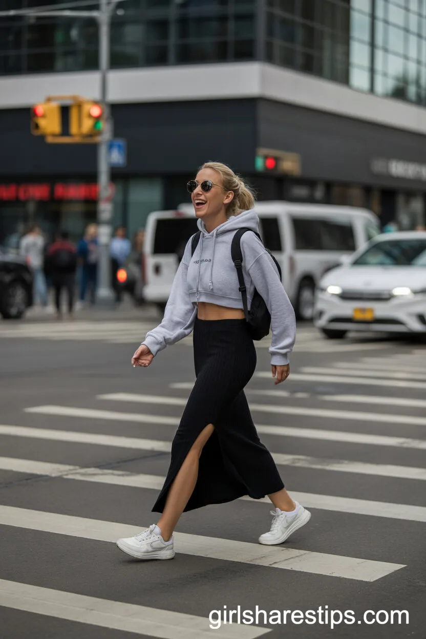 Sporty Hoodie and White Sneakers with a Black Maxi Skirt
