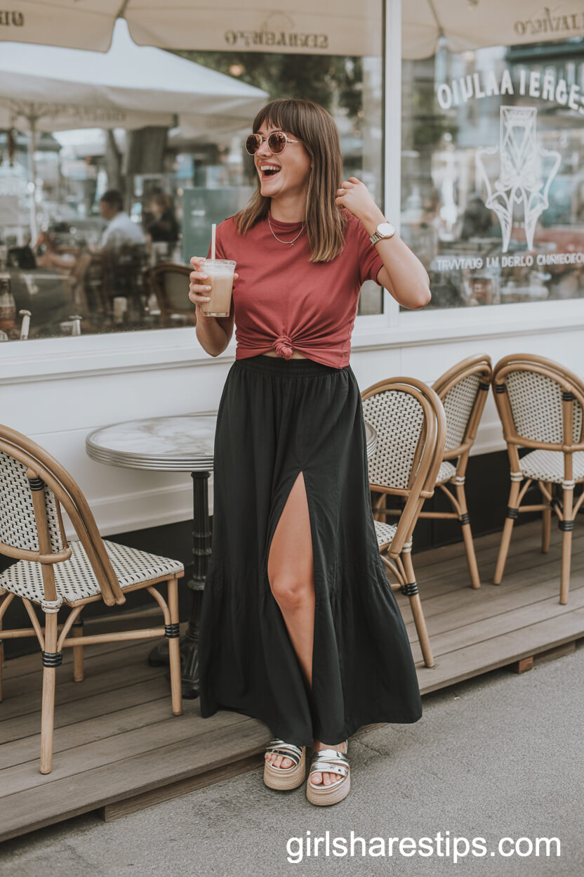 Red Knotted Tee Platform Sandals Slit Black Maxi Skirt