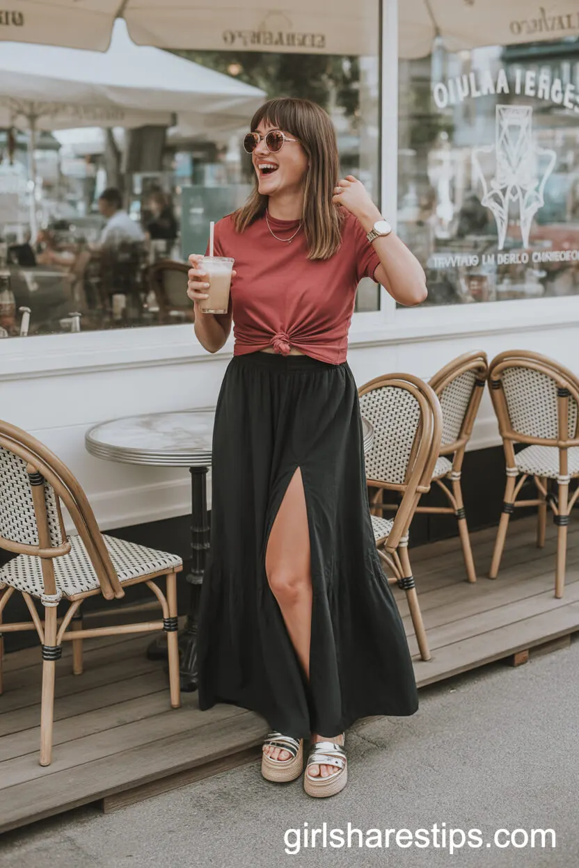 Red Knotted Tee Platform Sandals Slit Black Maxi Skirt