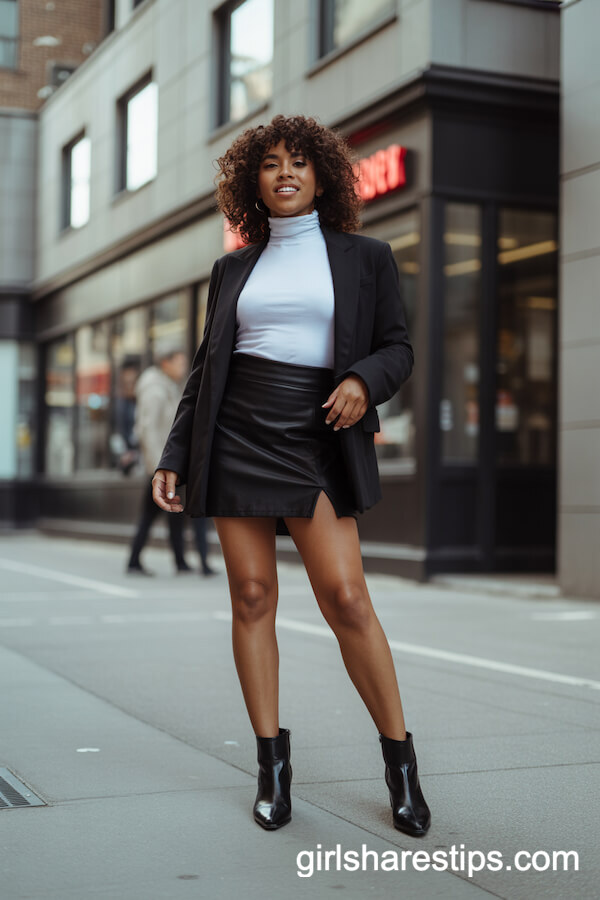 Chic City Style: Black Mini Skirt with White Turtleneck and Ankle Boots