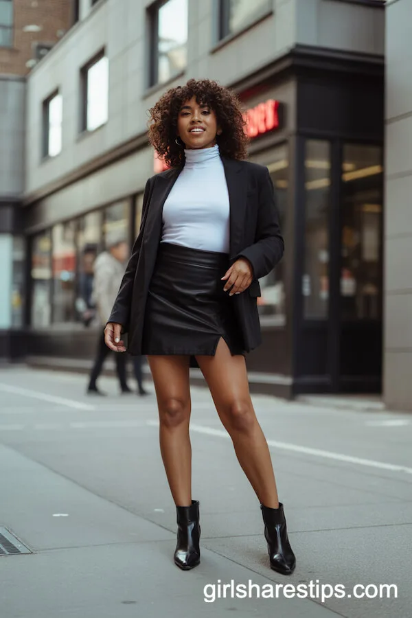 Chic City Style: Black Mini Skirt with White Turtleneck and Ankle Boots