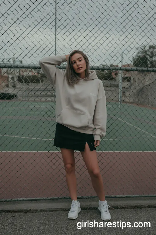 Urban Active: Black Mini Skirt with Oversized Hoodie and White Sneakers