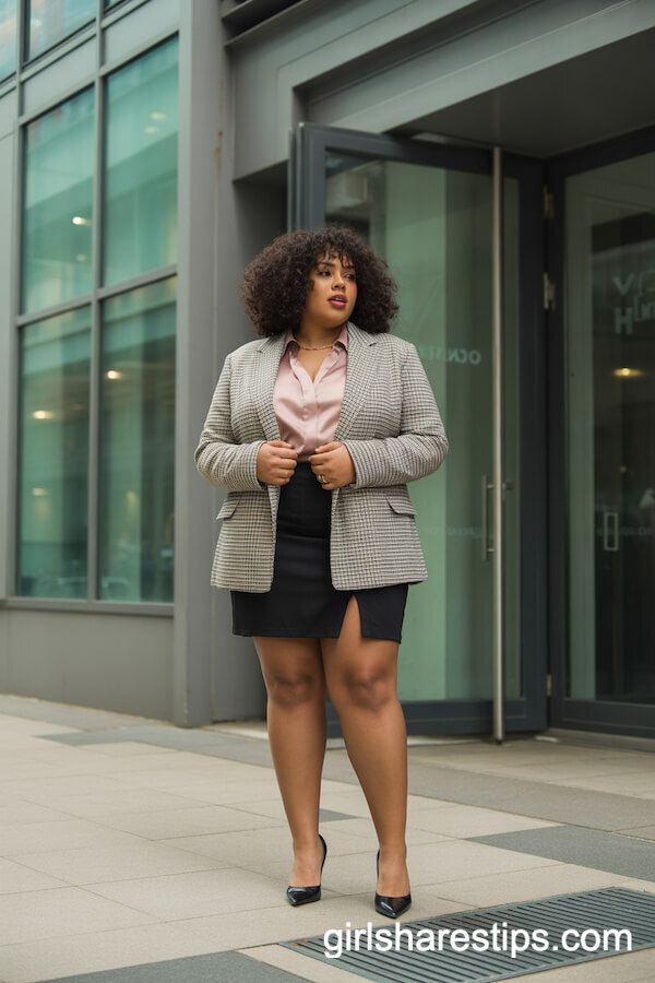 Business-Casual Chic: Black Mini Skirt with Plaid Blazer and Pumps