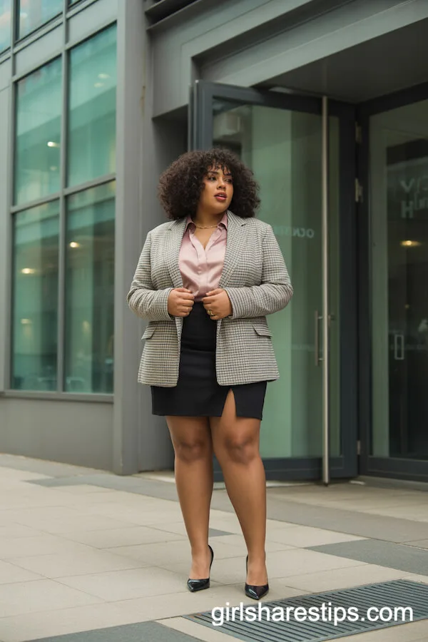 Business-Casual Chic: Black Mini Skirt with Plaid Blazer and Pumps