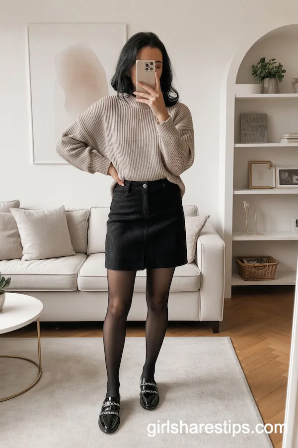 Cozy At-Home Style: Black Mini Skirt with Knit Sweater and Tights