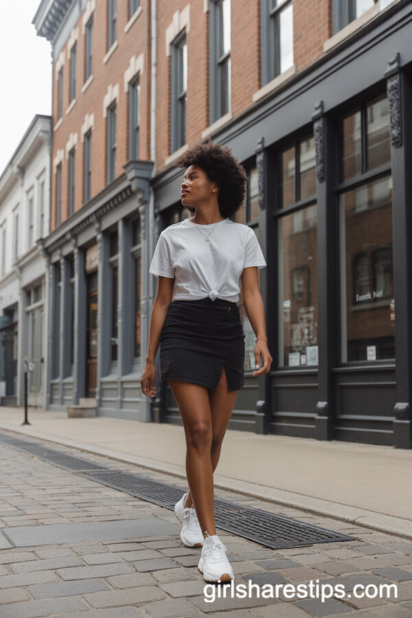 Effortless Downtown: Basic White Tee, Black Mini Skirt, and Chunky Sneakers