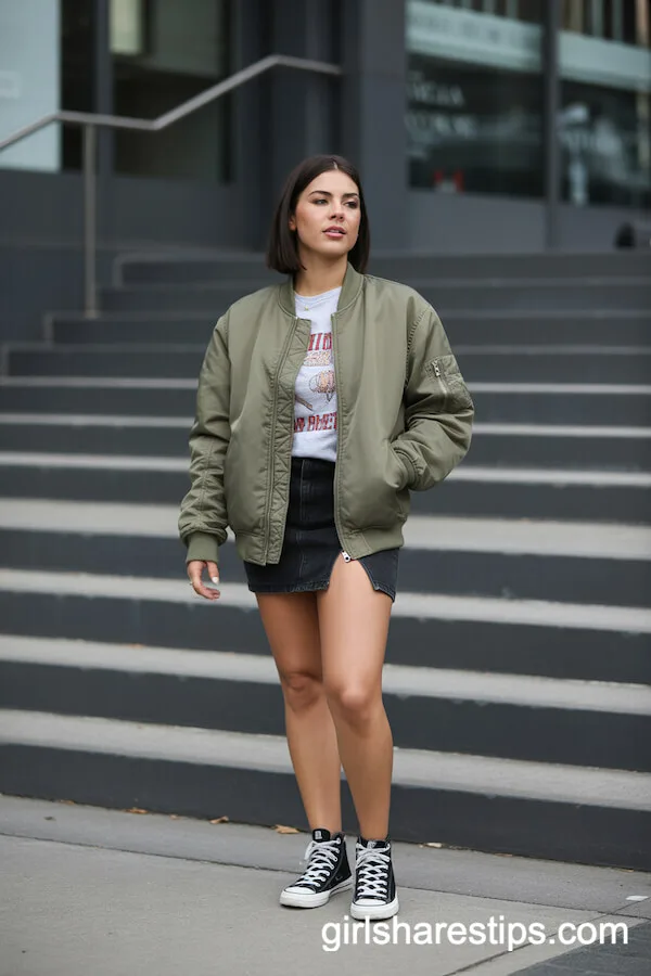 Sporty Layering: Black Mini Skirt with Bomber Jacket and High Tops