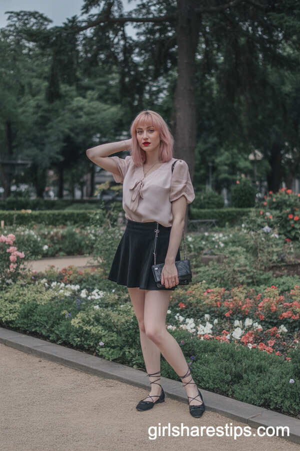 Pastel Dream: Black Mini Skirt with Soft Blouse and Lace-Up Flats