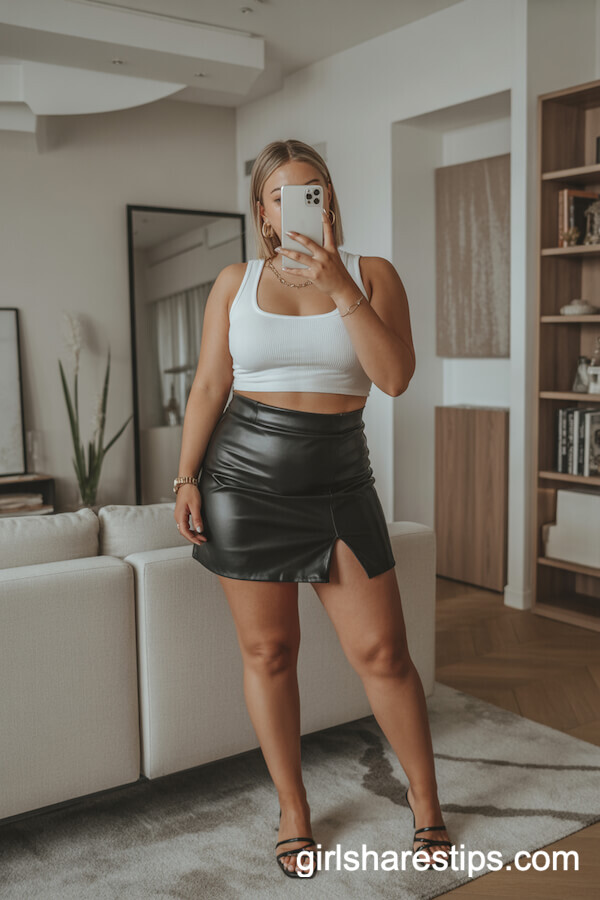 Modern Crop: Black Mini Skirt with Crop Top and Gold Jewelry