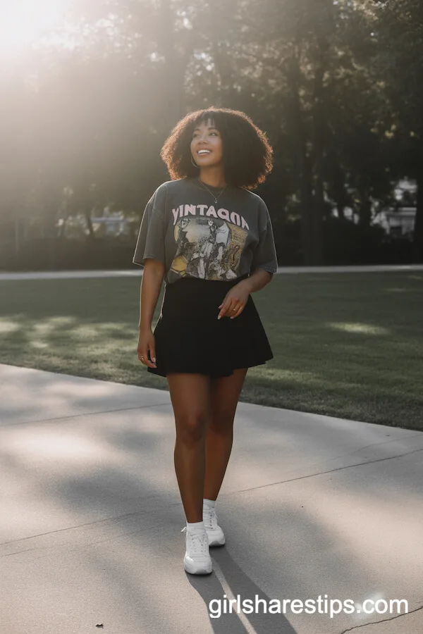 Casual Cool: Black Mini Skirt with Vintage Graphic Tee and White Sneakers