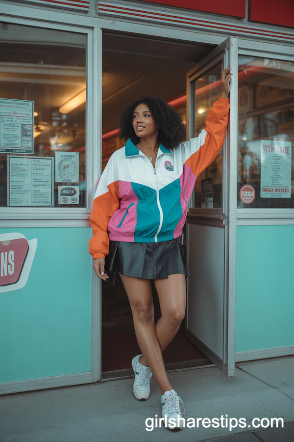 Retro Vibes: Black Mini Skirt with Colorful Windbreaker and Vintage Sneakers