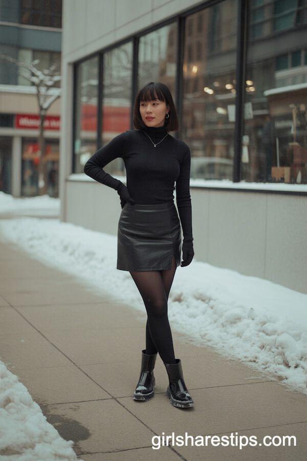 Winter Chic: Black Mini Skirt with Black Turtleneck and Tights