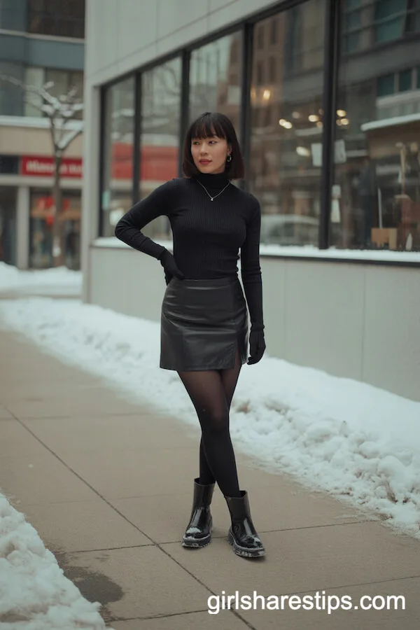 Winter Chic: Black Mini Skirt with Black Turtleneck and Tights