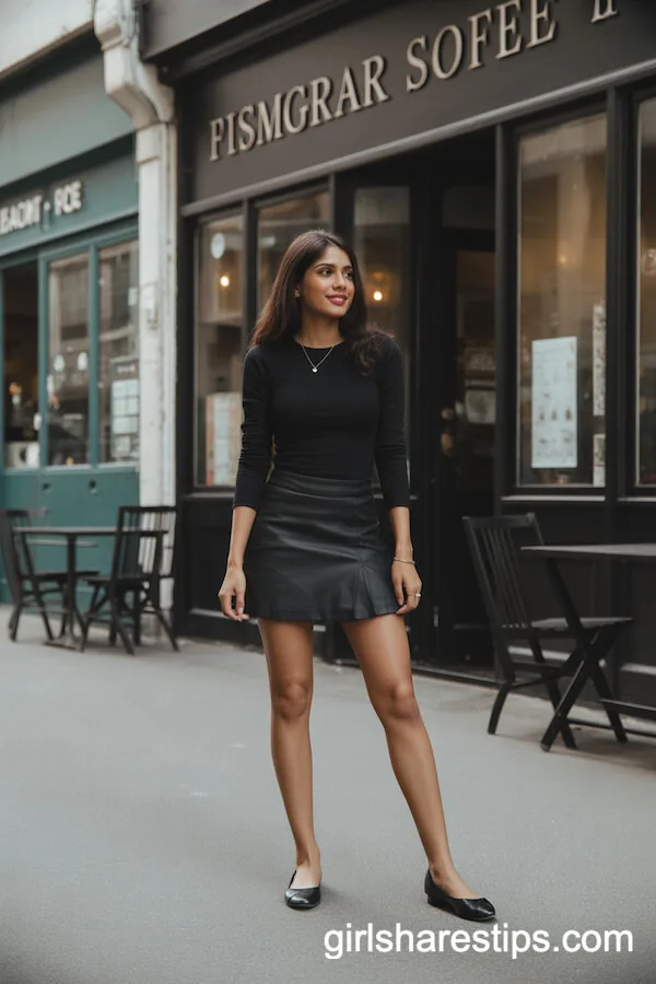 Sleek All-Black Ensemble: Mini Skirt, Fitted Top, and Ballet Flats