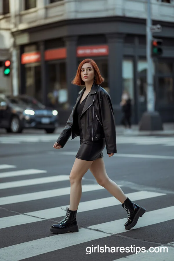 Edgy Streetwear: Black Mini Skirt and Faux Leather Moto Jacket