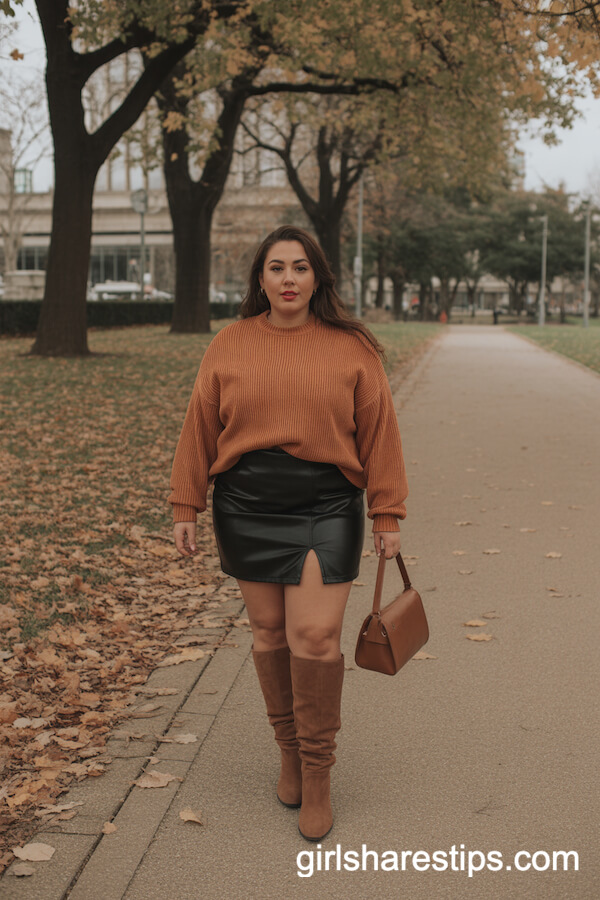 Cozy Fall Look: Black Mini Skirt and Oversized Sweater with Knee-High Boots