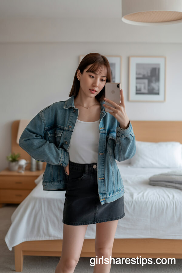 Trendy Layers: Black Mini Skirt with Denim Jacket and White Tank