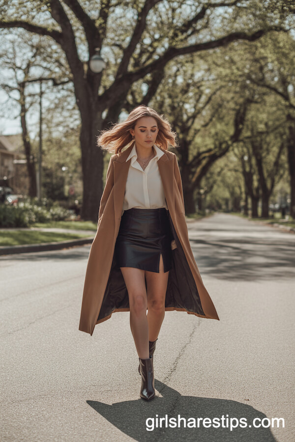 Classic Elegance: Black Mini Skirt with Cream Blouse and Camel Coat