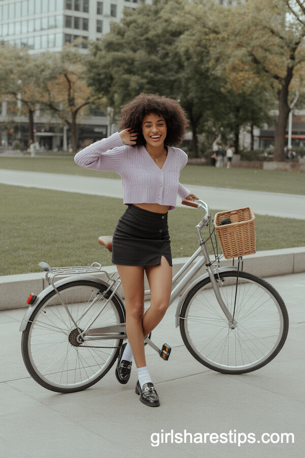 Playful Vibes: Black Mini Skirt with Cropped Cardigan and Loafers