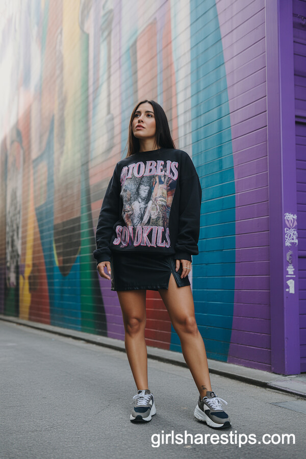 Bold and Sporty: Black Mini Skirt with Oversized Graphic Sweatshirt