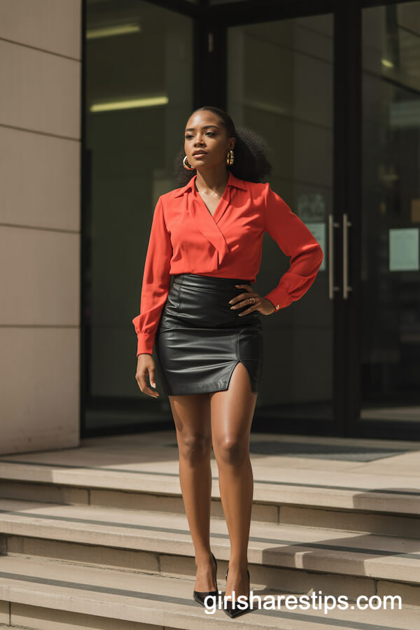 Bold Office Chic with a Red Blouse and Gold Hoops