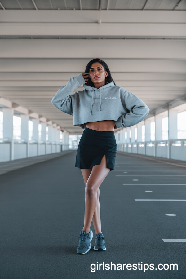 Sporty Feminine Look with a Cropped Hoodie and Chunky Sneakers