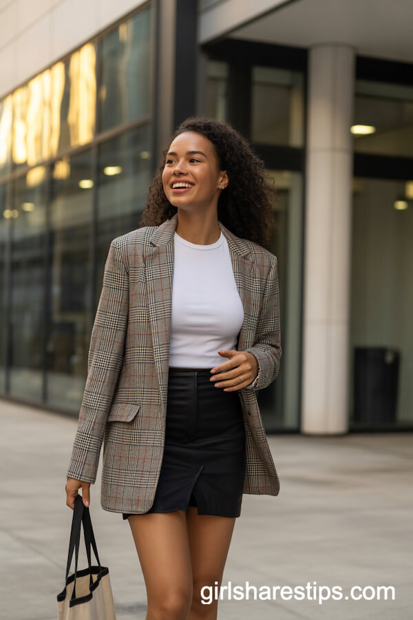 Office to Evening in a Plaid Blazer and Tote Bag