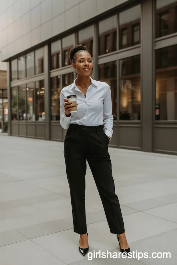 Classic Black Pants with Crisp White Shirt and Heels