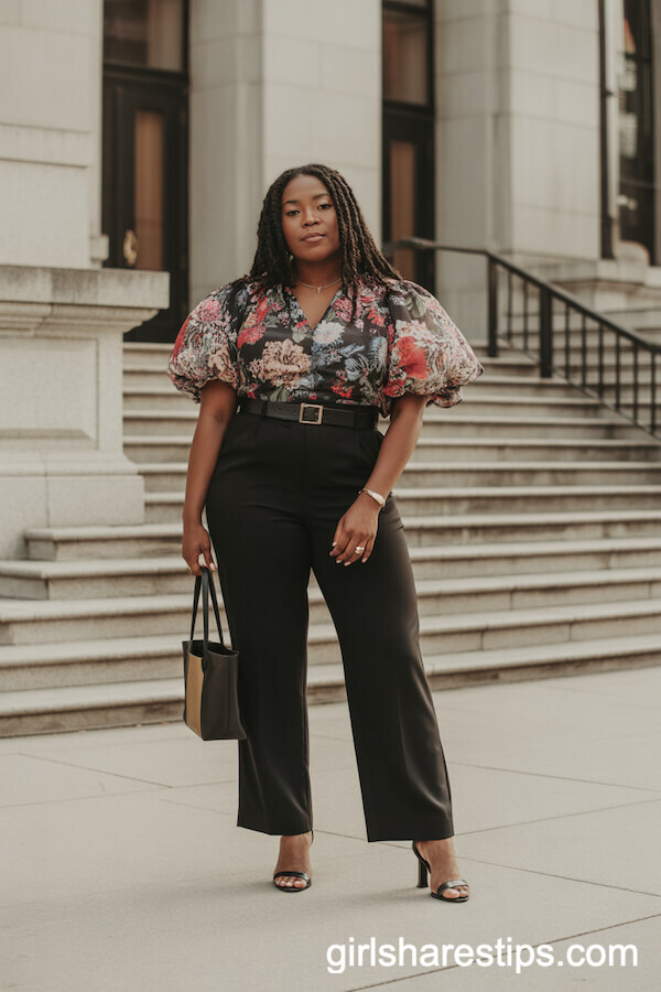 Black Belted Trousers with Colorful Floral Blouse