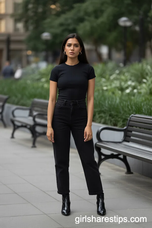 All-Black Look: High-Waisted Pants with Fitted Tee and Boots