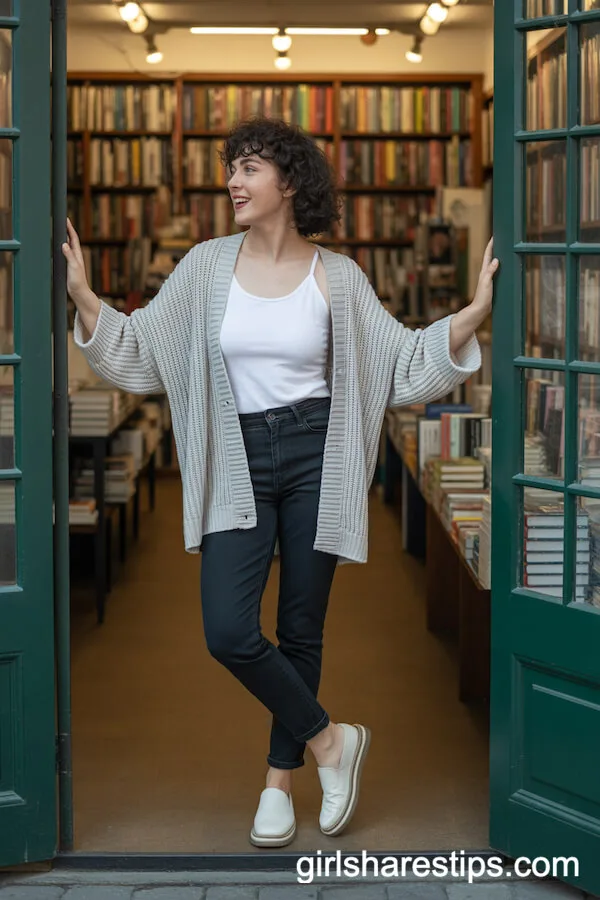 Black Pants with White Camisole and Gray Cardigan
