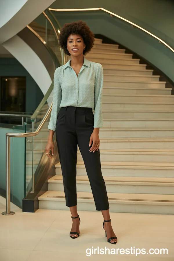Cropped Black Tapered Pants with Mint Textured Blouse