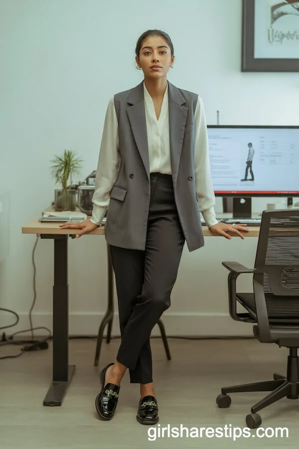 Slim Black Pants with Ivory Blouse and Tailored Vest