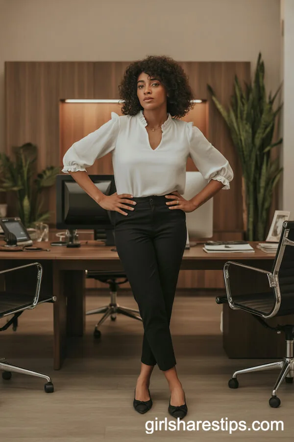 Black Slim Pants with White Ruffled Blouse