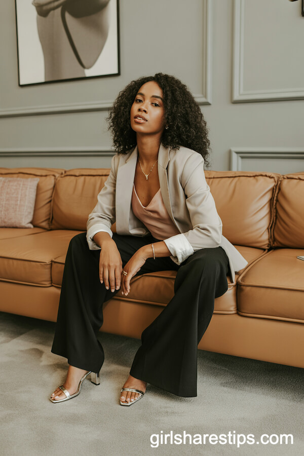 Wide-Legged Black Pants with Beige Blazer and Silk Camisole