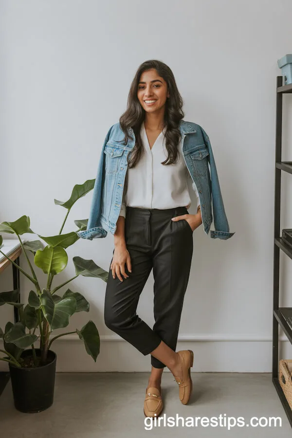 Black Ankle Pants with White Blouse and Denim Jacket