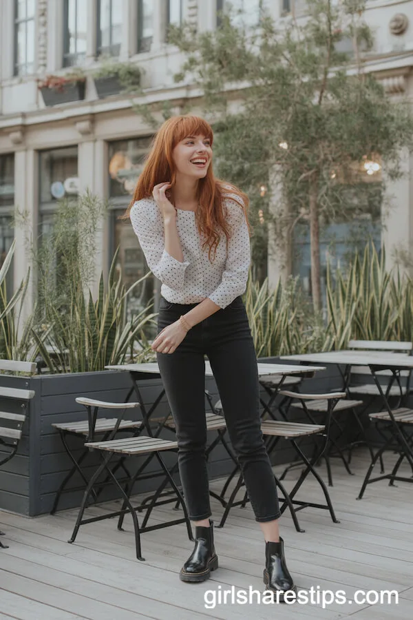 Slim Black Ankle Pants with Polka Dot Top and Chelsea Boots