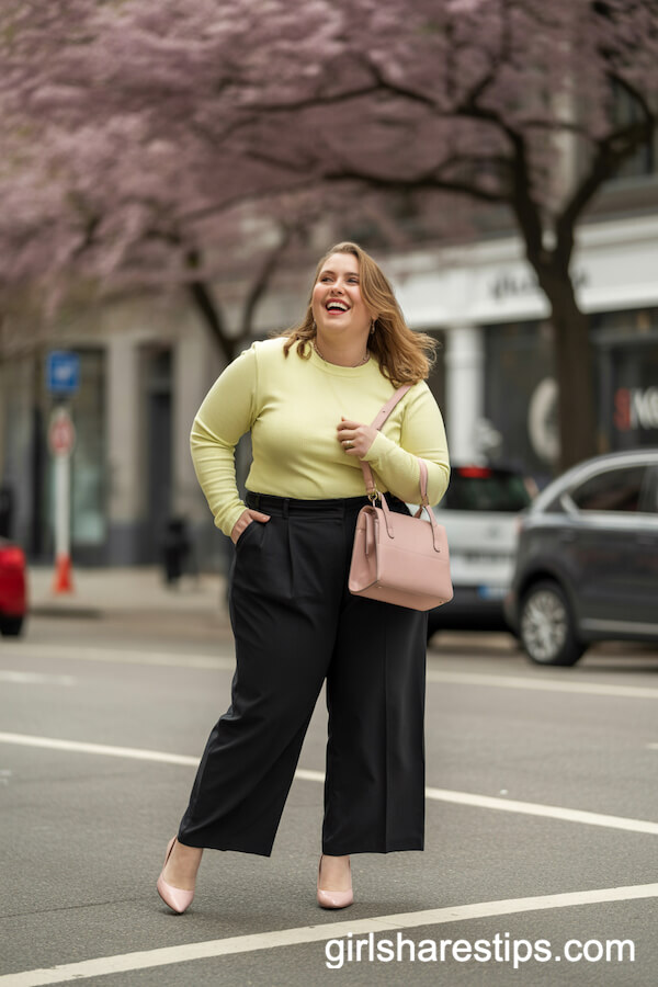 Black Wide-Leg Trousers with Yellow Sweater and Pink Accessories
