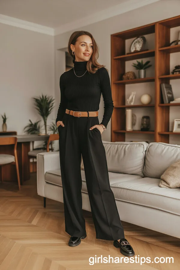 Wide-Leg Black Pants with Turtleneck Sweater and Loafers