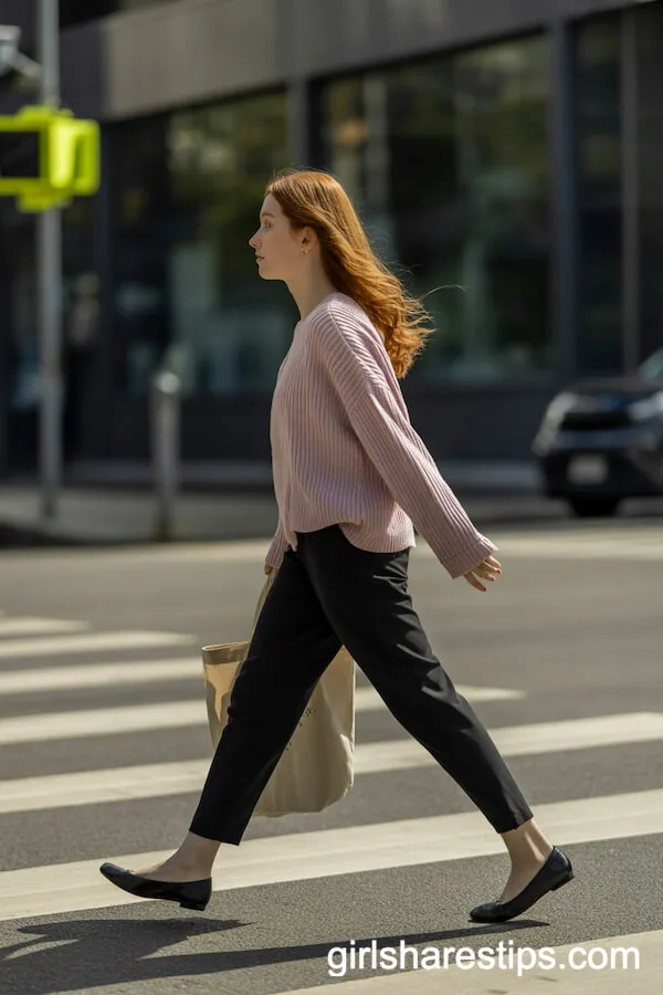 Black Ankle Pants with Pastel Knit Sweater and Ballet Flats