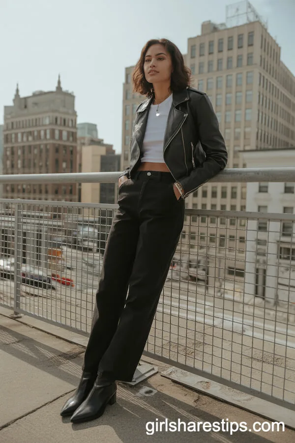 High-Waisted Black Pants with White Tee and Leather Jacket