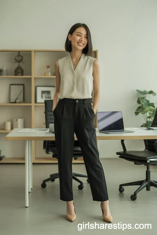 Tailored Black Trousers with Sleeveless Ivory Blouse