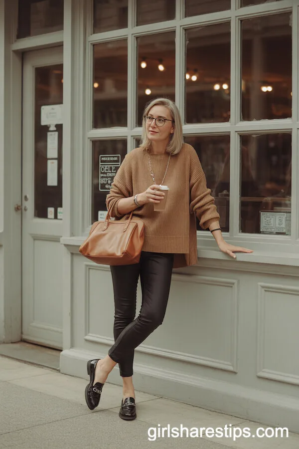 Black Cigarette Pants with Oversized Sweater and Loafers