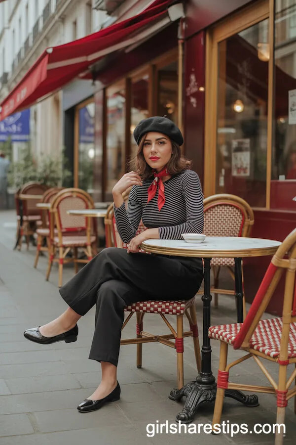 Classic Black Pants with Fitted Striped Top and Red Scarf